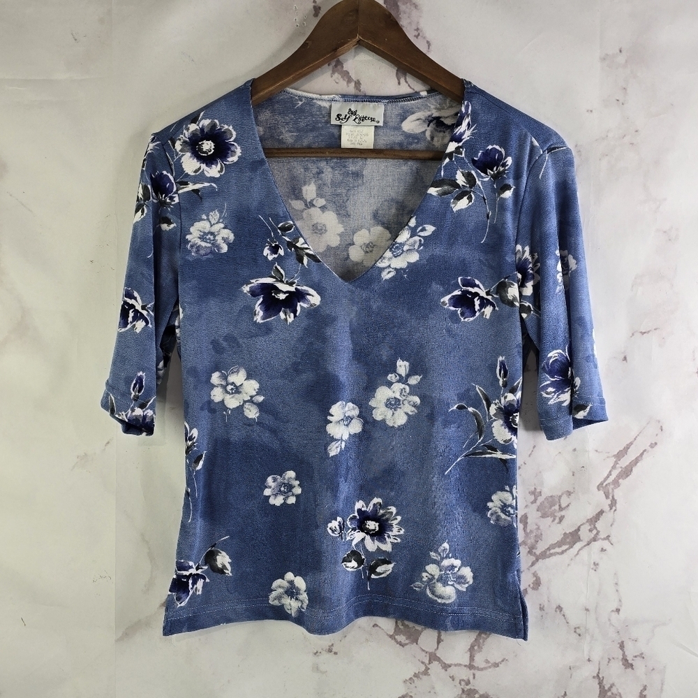 Vintage Top Womens Medium Blue Y2K Floral Blouse Cropped Shirt Slinky Wet Look